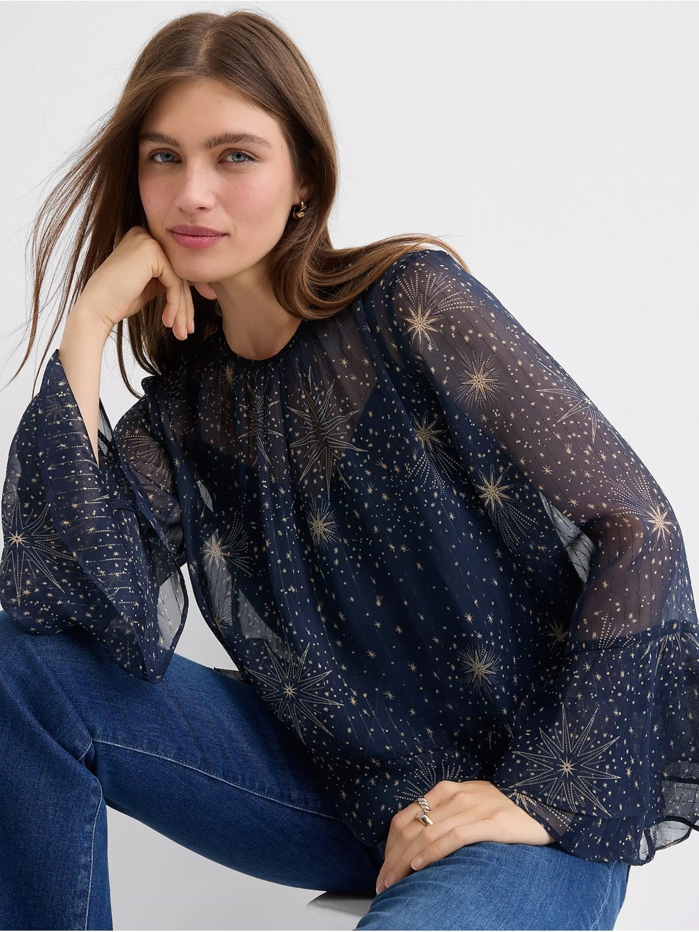 LOFT Celestial Shimmer Ruffle Peplum Blouse Navy Blue Sheer Star Print Sz XL - Picture 2 of 10